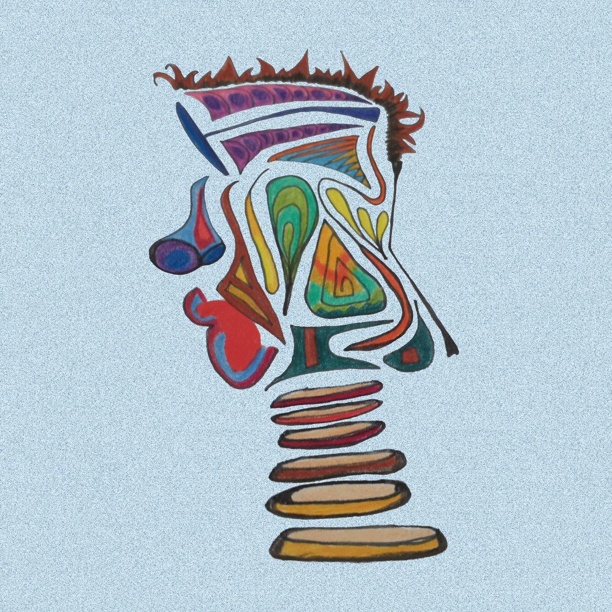 A face in profile built from interlocking organic shapes in green, orange and violet on pale blue